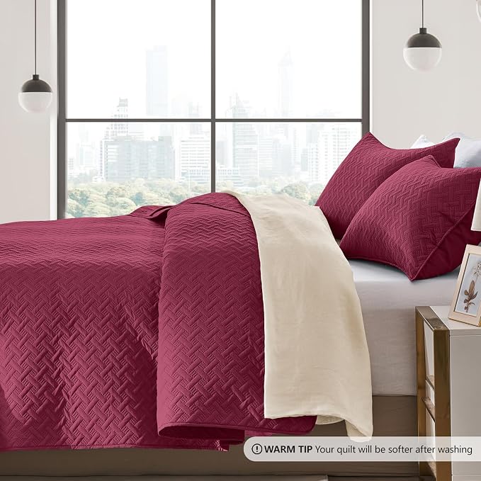 FLYMME Quilts Queen Size, Lightweight Burgundy Bedspreads, Basket Weave Pattern - Image 4