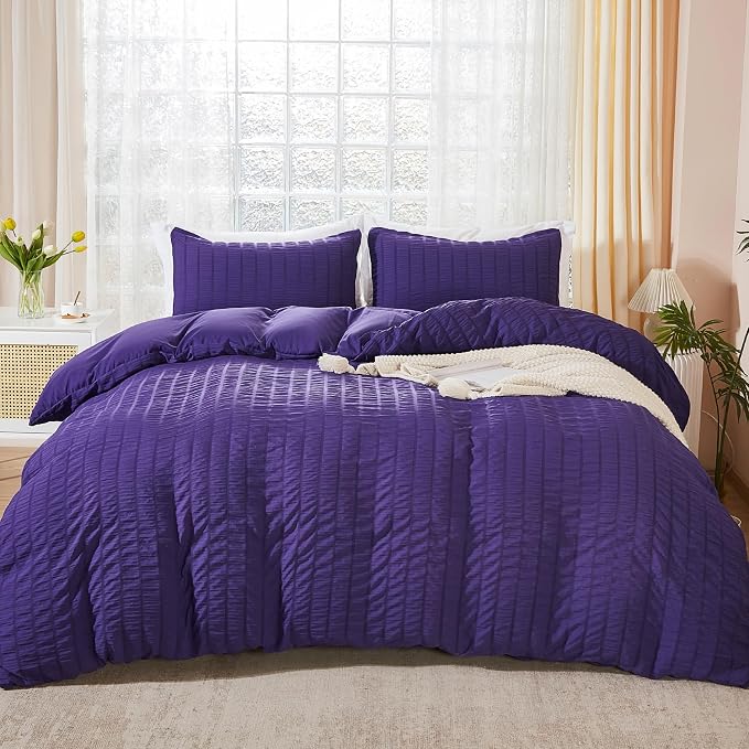 AveLom Dark Purple Duvet Cover Full, 3 Pieces, Seersucker Tripe Soft Washed by AveLom