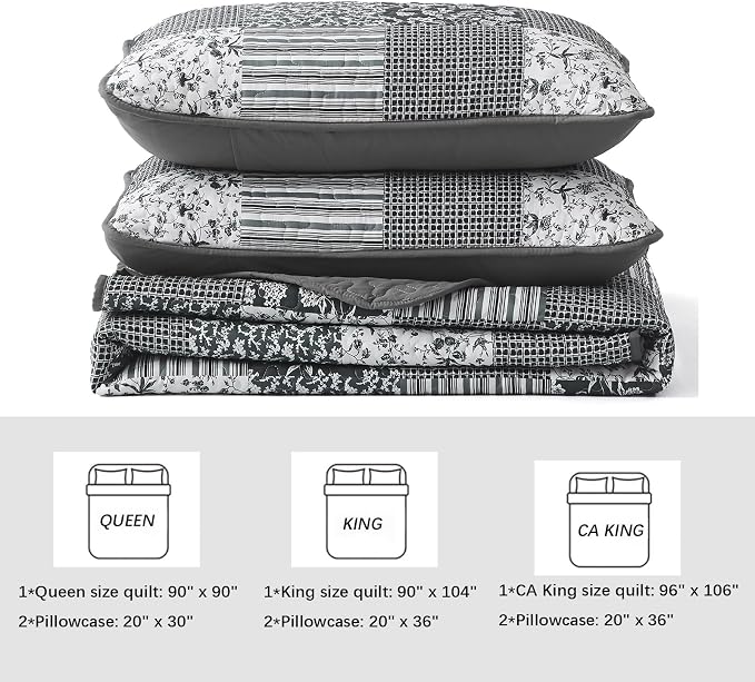 Mybedsoul Black Grey Boho Quilt Set California King Size, 3 Pieces Plaid Floral - Image 5