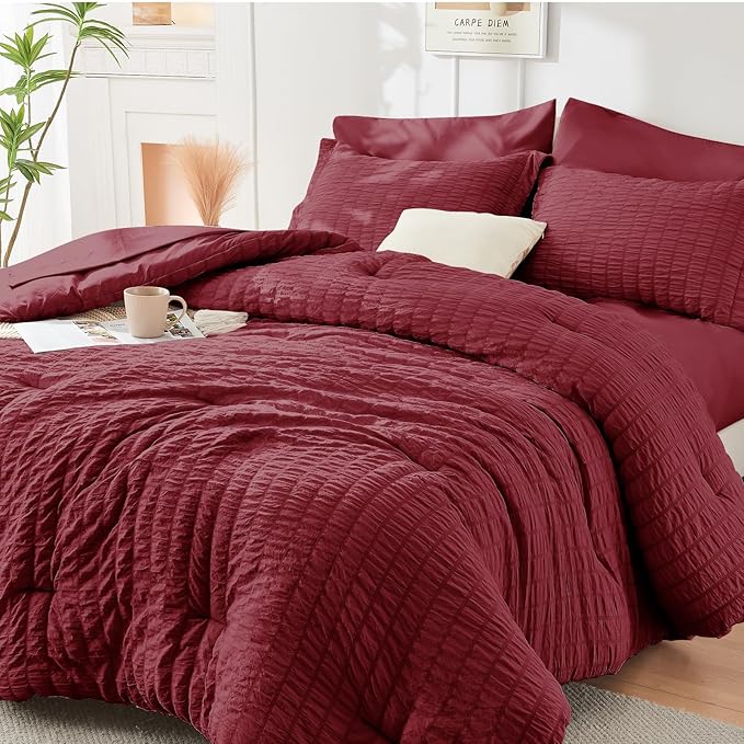 HYMOKEGE Burgundy Queen Comforter Set Seersucker 7 Pieces, All Season Luxury by HYMOKEGE