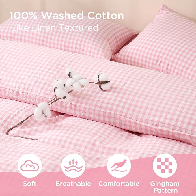 TOCOMOA Pink Gingham Duvet Cover Bedding Set 100% Washed Cotton Like Linen Feel - Image 5