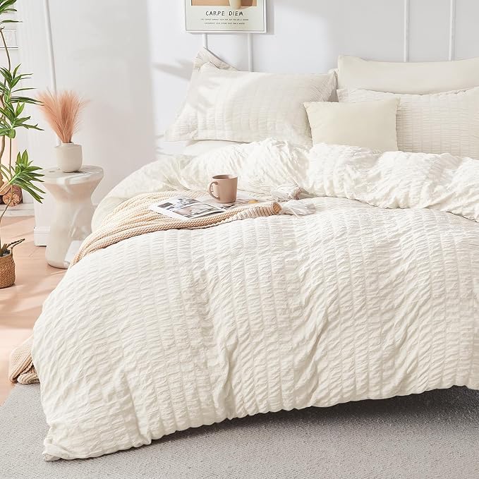 HYMOKEGE Ivory Oversized Queen Comforter Set Seersucker 7 Pieces, All Season - Image 2