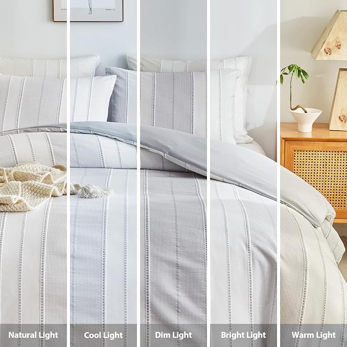 WARMDERN Light Grey Striped Weave Duvet Cover King Size, Microfiber Textured - Image 8