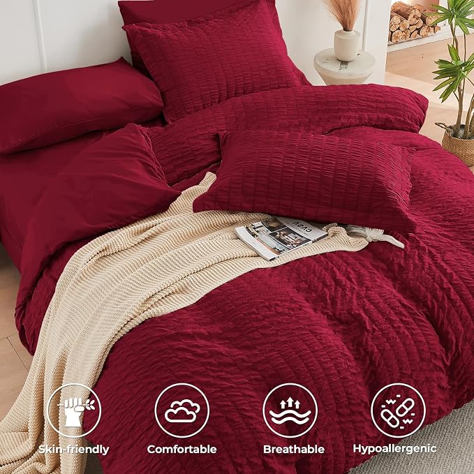 HYMOKEGE Burgundy Duvet Cover Full Size, Ultra Soft 3-Piece Seersucker Duvet - Image 2