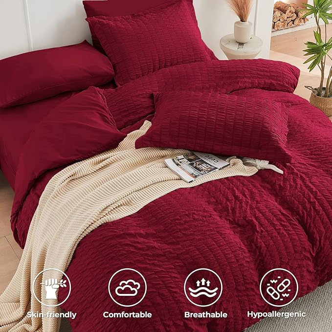 HYMOKEGE Burgundy Duvet Cover Queen Size, Ultra Soft 3-Piece Seersucker Duvet - Image 2