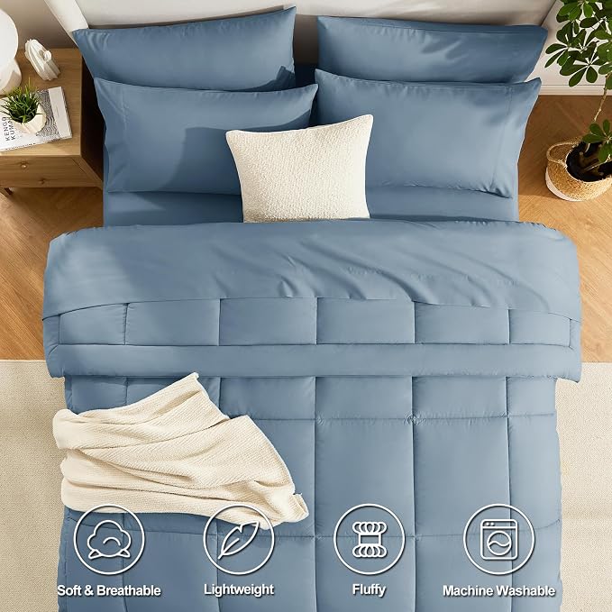 CozyLux King Size Comforter Set Mineral Blue, 7 Pieces Bed in a Bag, All Season - Image 2