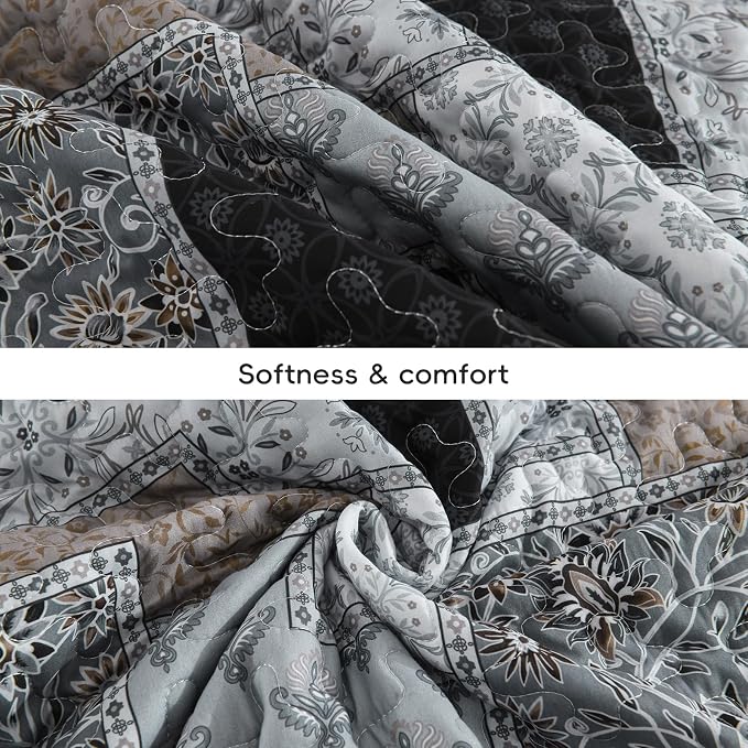 Xruibed Grey Quilt Set King Size 3 Pieces Plaid Floral Boho Bedspread Coverlet - Image 8