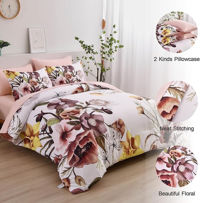 Luxudecor Floral Comforter Set Queen Size 7 Piece, Blush Flower Bed in a Bag - Image 6