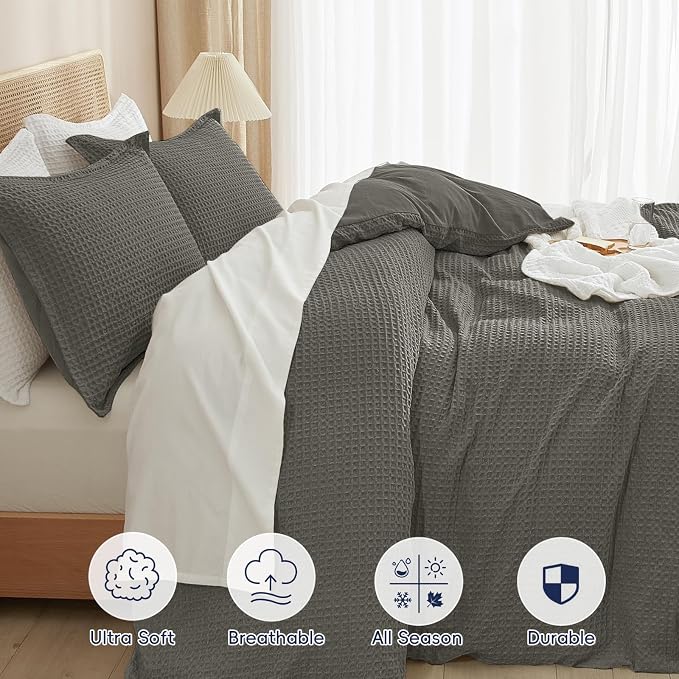 PHF Waffle Weave Duvet Cover Set California King, No Snagging Ultra Soft Luxury - Image 4