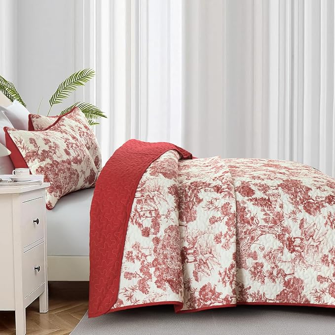 WONGS BEDDING Botanical Quilt Set King Size, Christmas Red 3 Pieces Floral - Image 3