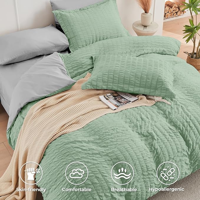 HYMOKEGE Sage Green/Light Grey Twin XL Comforter Set Seersucker 5 Pieces - Image 3
