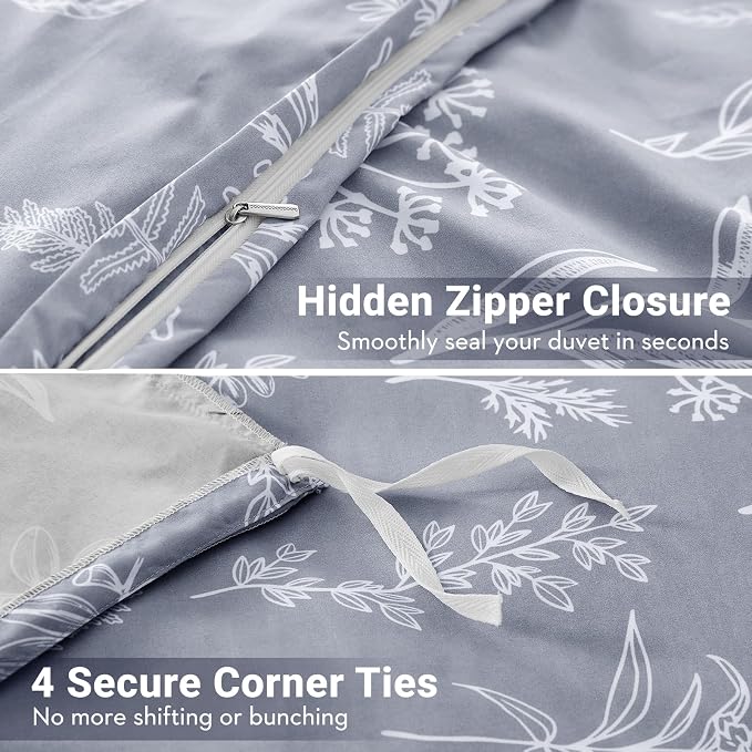 MUXHOMO Duvet Cover Full Size, Reversible Floral Grey Duvet Cover Set - Image 5