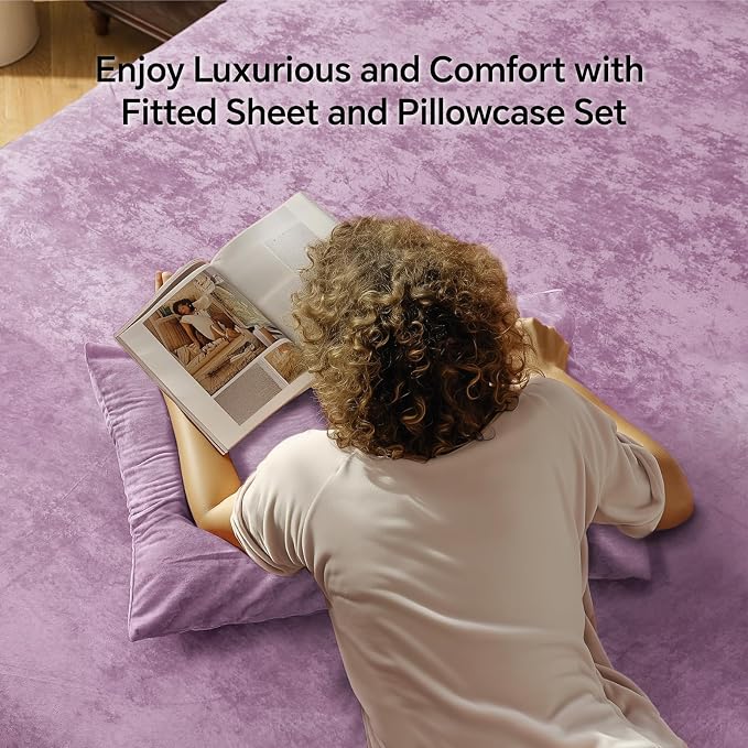 BEDELITE Velvet Fitted Sheet and Pillowcase Set, Luxury Soft Fuzzy Bottom Sheet - Image 2
