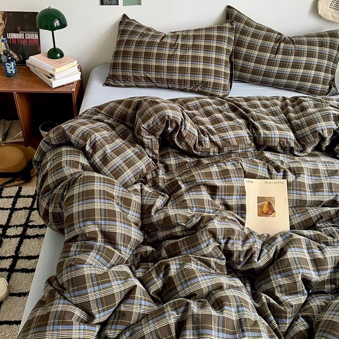 PinkMemory Brown Blue Gingham Buffalo Plaid Duvet Cover King 100% Washed Cotton - Image 2