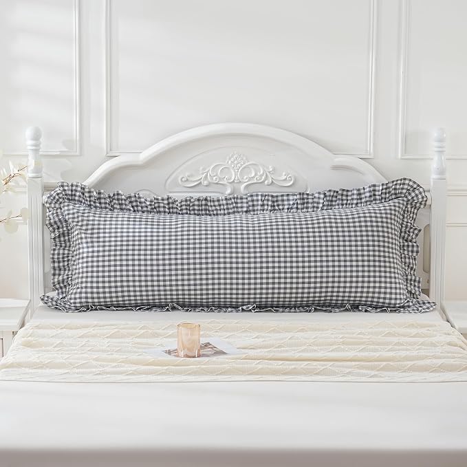 Grey/White Plaid Ruffled Checkered Body Pillow Sham 20x54 inches 1 Piece - Image 2