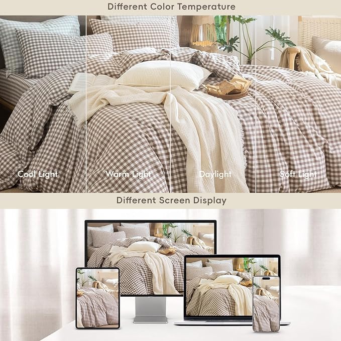 MooMee Gingham Duvet Cover Set 100% Washed Cotton Linen Like Textured - Image 7