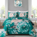 WONGS BEDDING Teal Boho Floral Quilt Set Queen, Elegant Flower Bedspread by WONGSBEDDING