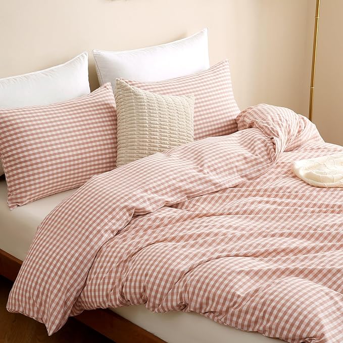 TOCOMOA Pink Tan Gingham Duvet Cover Bedding Set 100% Washed Cotton Like Linen - Image 4