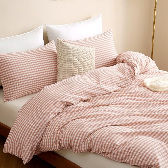 TOCOMOA Pink Tan Gingham Duvet Cover Bedding Set 100% Washed Cotton Like Linen - Image 4