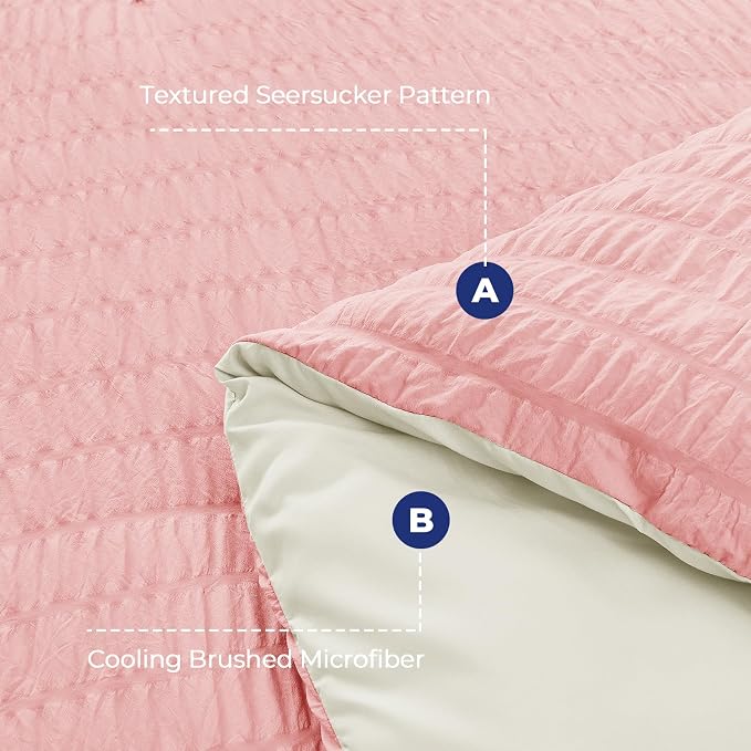 HYMOKEGE Pink/Ivory Duvet Cover Queen Size, Ultra Soft 3-Piece Seersucker Duvet - Image 3