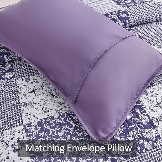 Mybedsoul Purple Quilt Set Queen Size, 3 Pieces Boho Floral Plaid Bedspread - Image 5