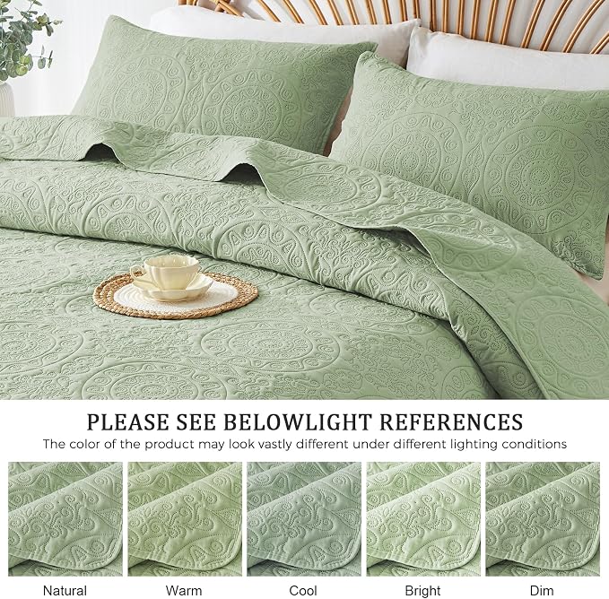WURUIBO Sage Green Quilt Set Twin Size, Embossing Microfiber Bedspreads - Image 5