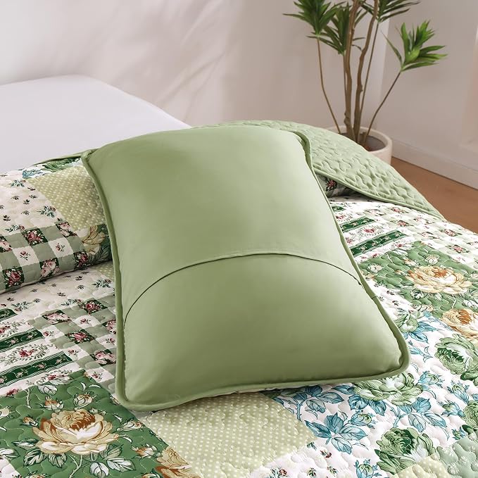 Anibedding Patchwork Quilt Set King Size Sage Green Floral Bedspread Coverlet - Image 7