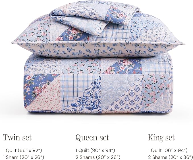 BLOOMHAVEN Quilt Set Twin Size, Patchwork Blue Pink Marigold Floral Quilt Sets - Image 8