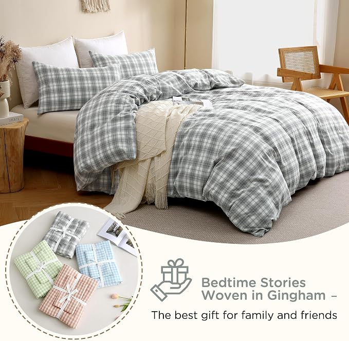 TOCOMOA Plaid Duvet Cover Set 100% Washed Cotton Like Linen Feel Super Soft - Image 7