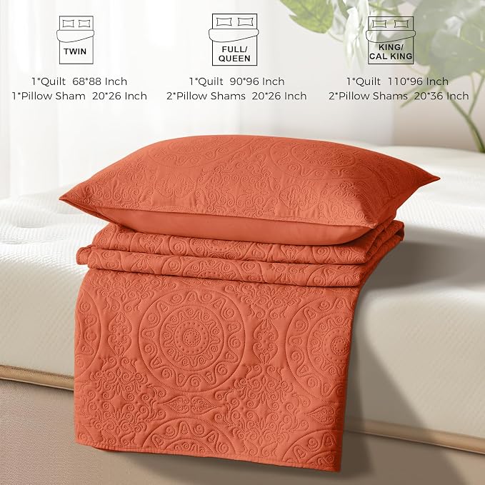 WURUIBO Burnt Orange Quilt Set King/Cal King Size, Embossing Microfiber - Image 7