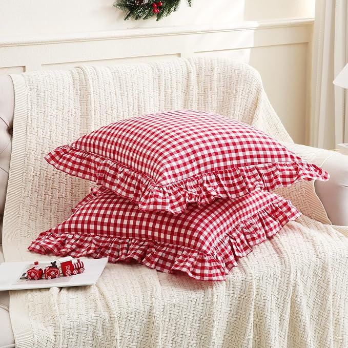 2 Pack Red/White Plaid Ruffled Throw Pillow Sham 20 x20 inches, Washed Cotton - Image 3