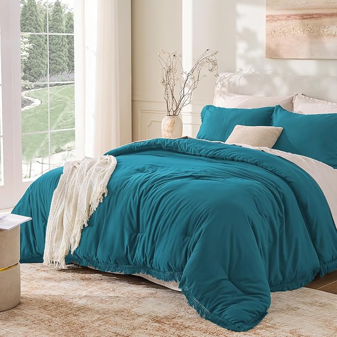 Andency Turquoise Comforter Set Full Size, 3 Pieces Boho Teal Tassel by Andency