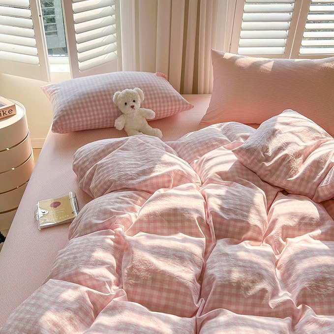 mixinni Light Pink Gingham Duvet Cover Set Twin XL Size - Image 6