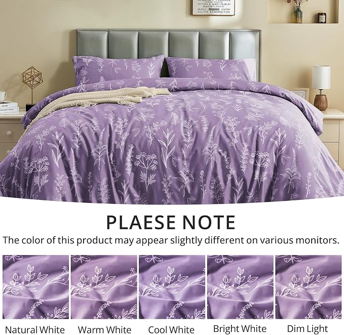 MUXHOMO Duvet Cover King Size, Reversible Floral Grayish Purple Duvet Cover Set - Image 7