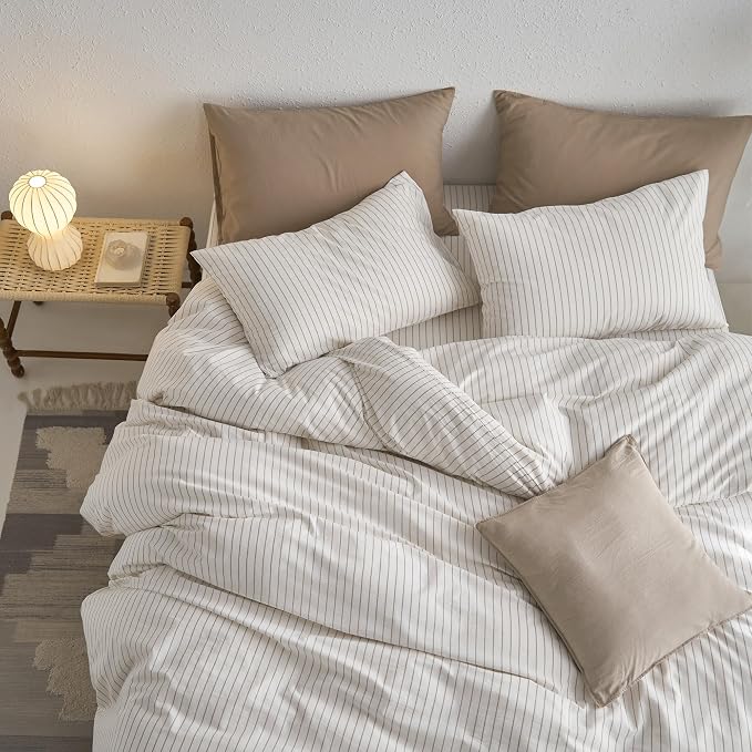 MooMee Striped Duvet Cover Set 100% Washed Cotton Linen Like Textured - Image 5