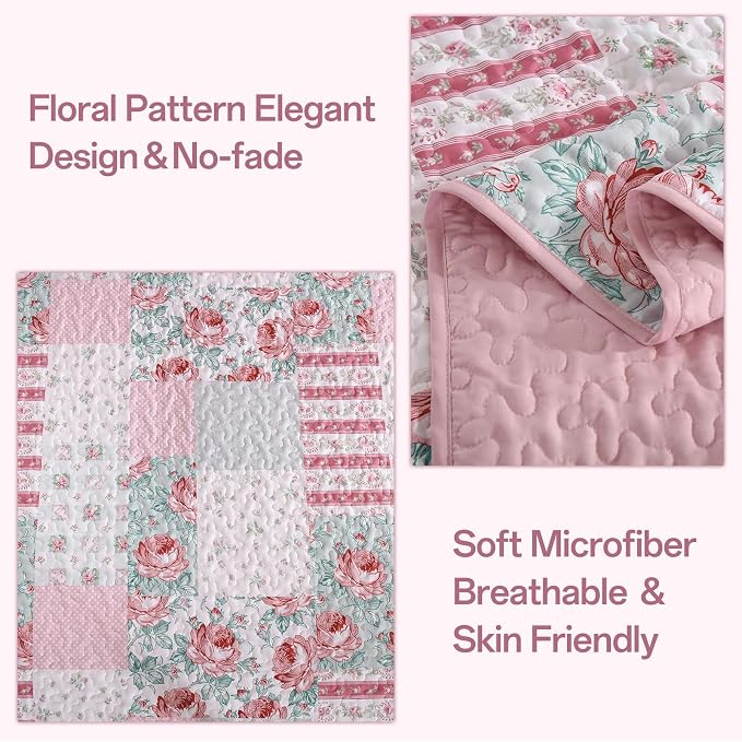 Patchwork Quilt Set Queen Size, 3 Piece Soft Microfiber Reversible Pink Grey - Image 4
