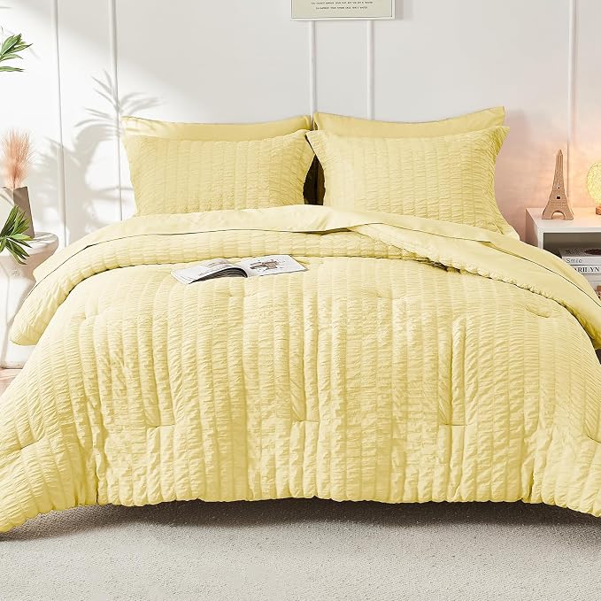 HYMOKEGE Yellow California King Comforter Set Seersucker 7 Pieces, All Season - Image 9