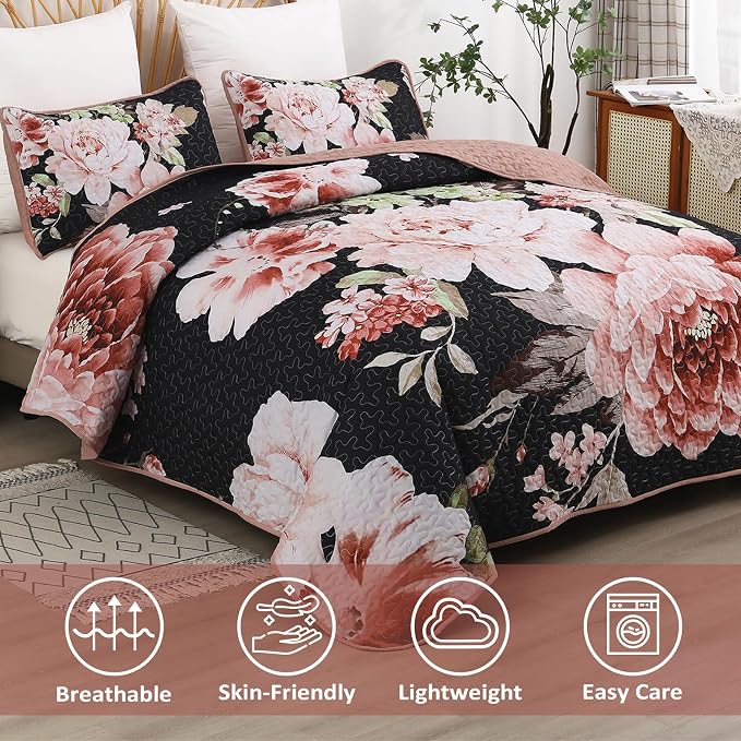 WONGS BEDDING Black Quilt Set Queen, 3 Pieces Pink Floral Bedspreads - Image 3