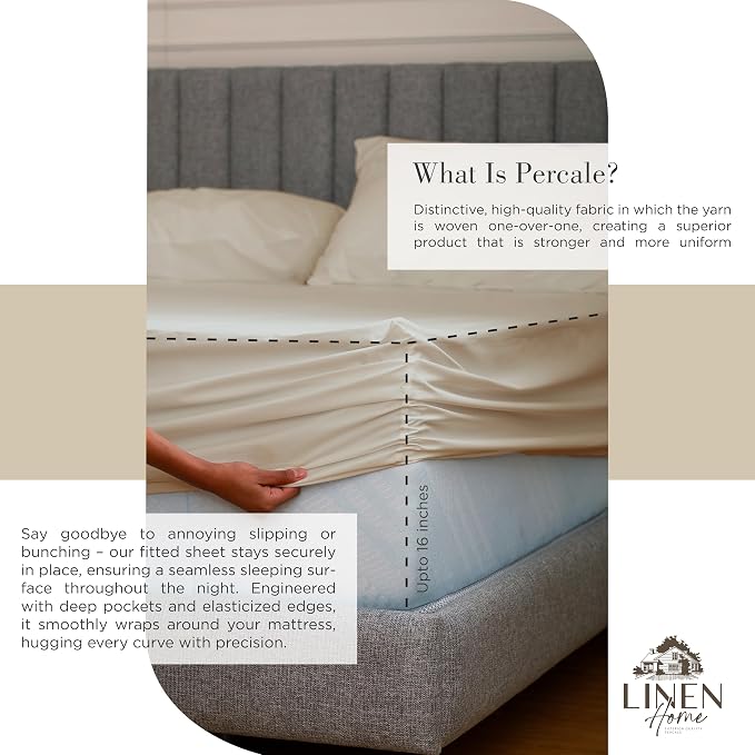 Linen Home 100% Cotton Percale Sheets Twin Size, Light Taupe, Deep Pocket - Image 4
