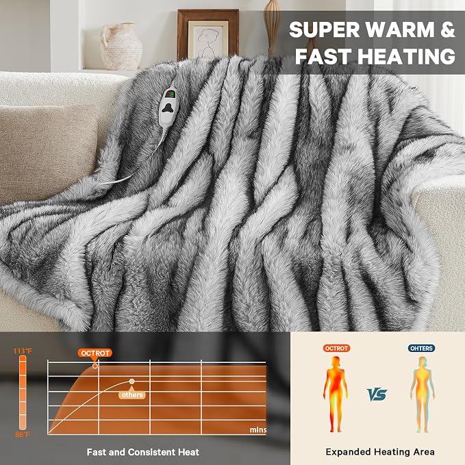 Heated Electric Blanket Throw, Octrot 50"X60" Faux Fur Heating Blanket Luxury - Image 2