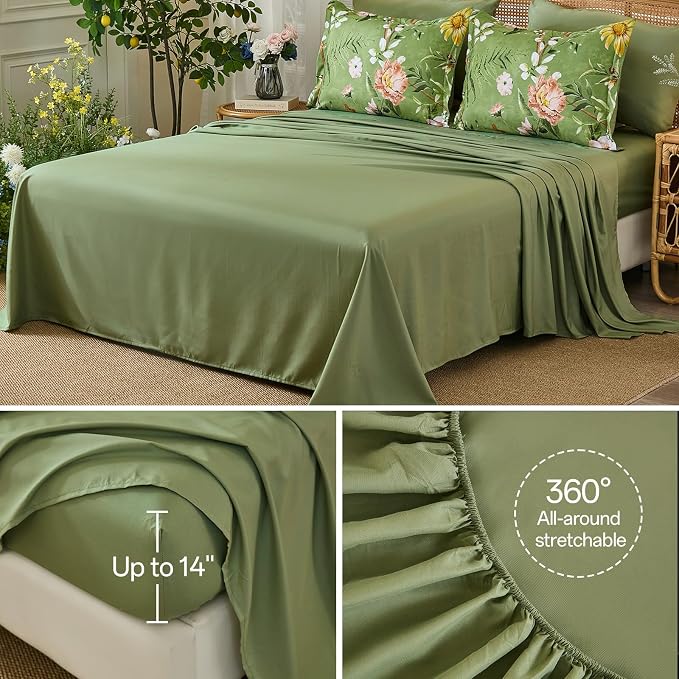 Yiran Sage Green Hibiscus Floral Comforter Set Queen Size, 7 Piece Bird Flowers - Image 7