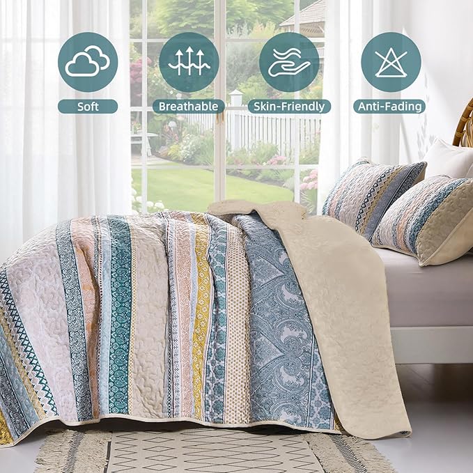 WONGS BEDDING Boho Quilt Set Queen Size, Lightweight Bedspread Coverlet Bedding - Image 4