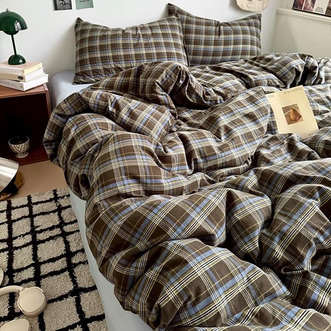 PinkMemory Brown Blue Gingham Buffalo Plaid Duvet Cover King 100% Washed Cotton - Image 3