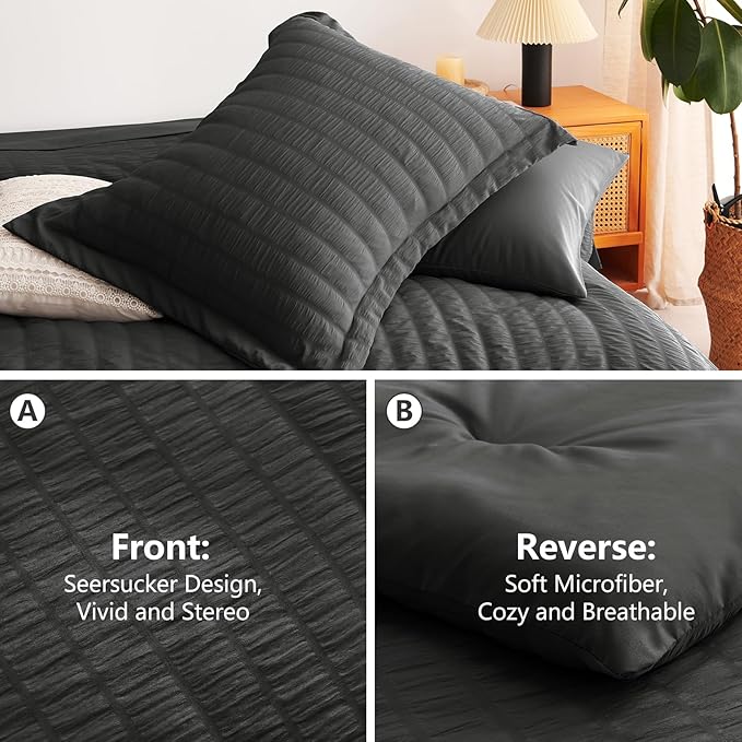 CozyLux Queen Comforter Set Dark Grey Seersucker 7 Pieces Bed in a Bag Queen - Image 4