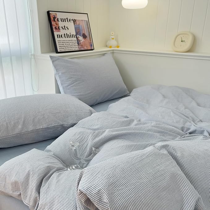 mixinni Striped Duvet Cover Set- 100% Washed Cotton Blue Comforter Cover - Image 6