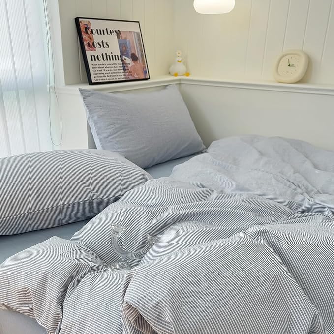 mixinni Striped Duvet Cover Set- 100% Washed Cotton Blue Comforter Cover - Image 6