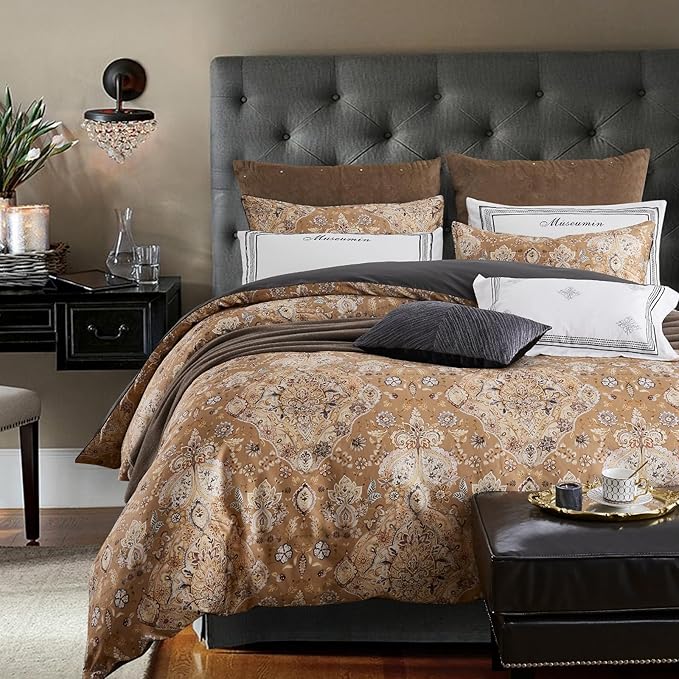 mixinni Long Staple Cotton Percale Golden Paisley Duvet Cover King Size Boho by mixinni