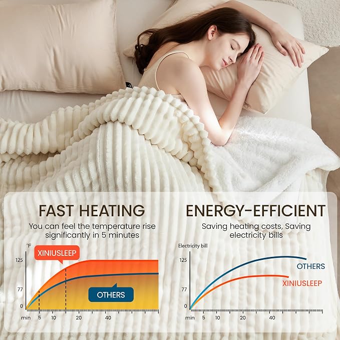 Heated Blanket Electric Blanket 62"x84", Soft Flannel Sherpa Electric Throw - Image 2