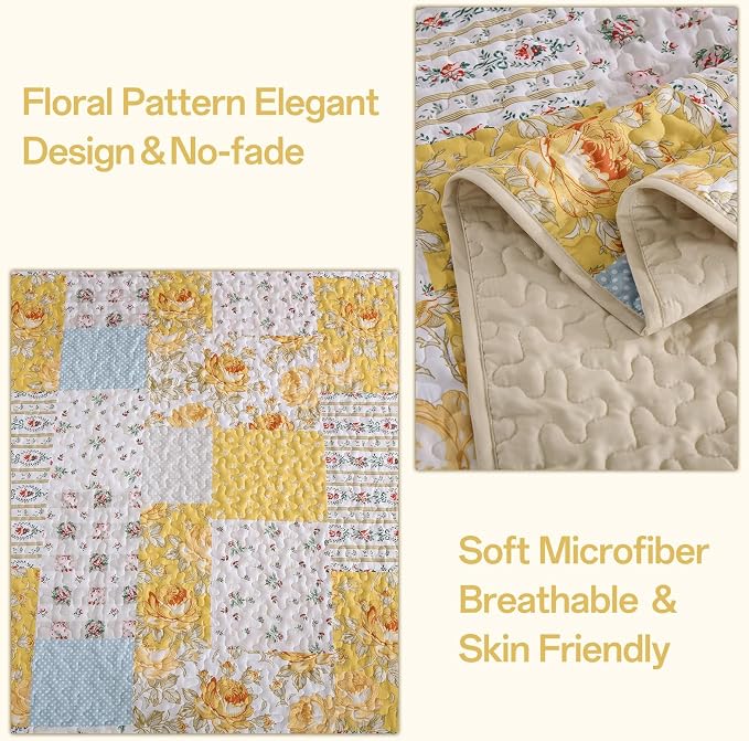 Anibedding Yellow Patchwork Quilt Set Queen Size Boho Floral Plaid Bedspread - Image 4