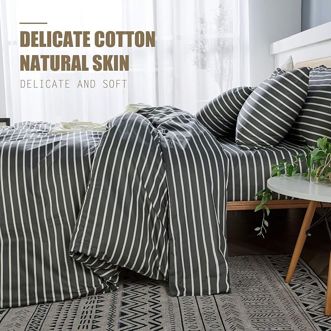 JELLYMONI 100% Natural Cotton 3pcs Striped Duvet Cover Sets, Dark Grey - Image 3
